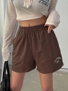 DAZY 字母圖案彈性腰帶短褲 - 咖啡棕 - 查看 5
