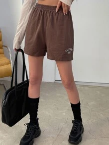 DAZY 字母圖案彈性腰帶短褲 - 咖啡棕 - 查看 6