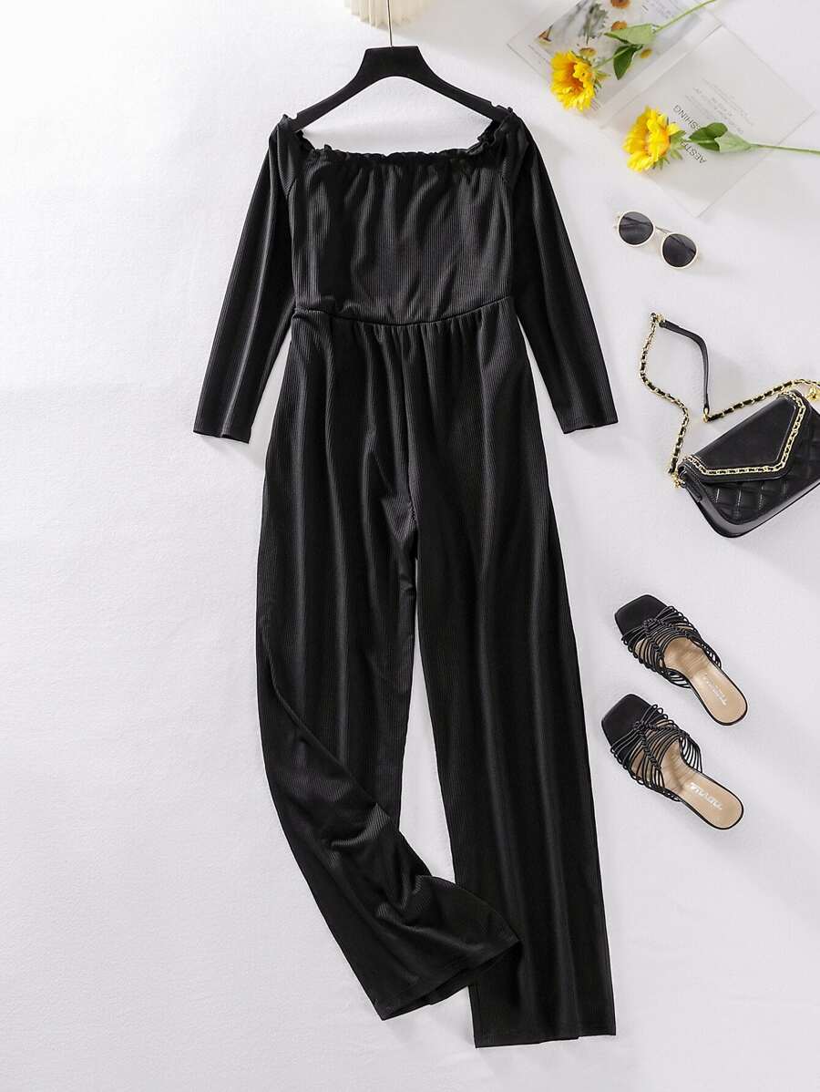 SHEIN LUNE Plus Off Shoulder Frill Trim Jumpsuit - Black - View 1