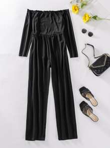 SHEIN LUNE Plus Off Shoulder Frill Trim Jumpsuit - Black - View 2