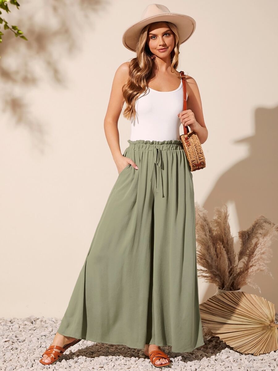 SHEIN VCAY 彈性紙袋腰闊腿褲 - 軍綠色 - 查看 1