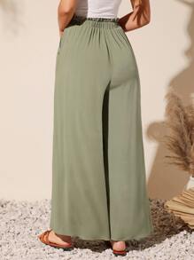 SHEIN VCAY 彈性紙袋腰闊腿褲 - 軍綠色 - 查看 2