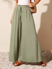 SHEIN VCAY 彈性紙袋腰闊腿褲 - 軍綠色 - 查看 3