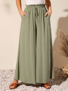 SHEIN VCAY 彈性紙袋腰闊腿褲 - 軍綠色 - 查看 6