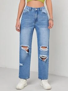Ripped Straight Leg Jeans - Light Wash - View 1