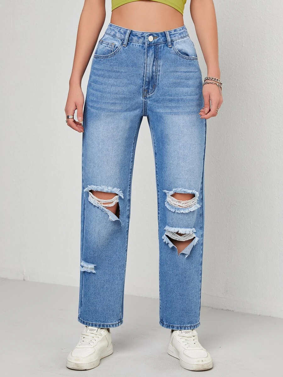 Ripped Straight Leg Jeans - Light Wash - View 1