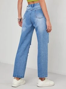 Ripped Straight Leg Jeans - Light Wash - View 2