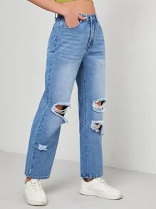 Ripped Straight Leg Jeans - Light Wash - View 3