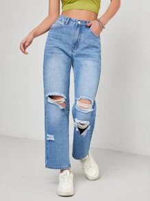 Ripped Straight Leg Jeans - Light Wash - View 4