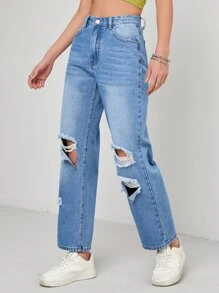 Ripped Straight Leg Jeans - Light Wash - View 6