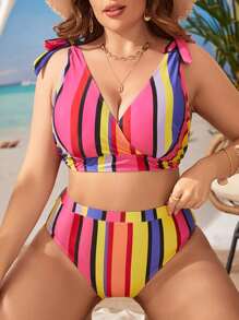 Plus Size Colorful Striped Knot Shoulder Bikini Set Summer Beach - Multicolor - View 1