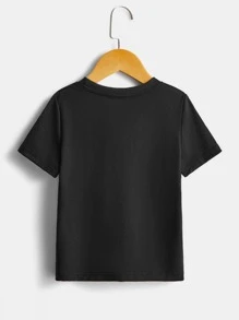 SHEIN 男小童黑色卡通休閒可愛熊熒光燈小夜燈T恤帶常規袖和圓形翻領,2入組/套,夏天 - 黑色 - 查看 2