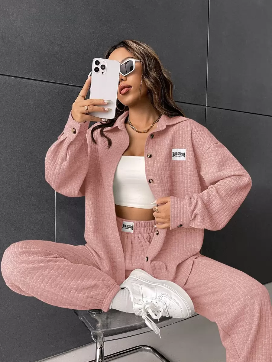Muchica 字母補丁細節衍縫落肩袖夾克和運動褲 - 藕粉色 - 查看 1