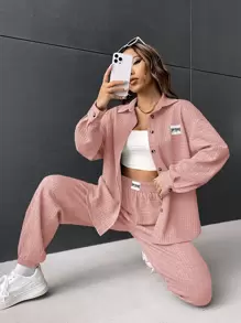 Muchica 字母補丁細節衍縫落肩袖夾克和運動褲 - 藕粉色 - 查看 4