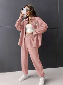 Muchica 字母補丁細節衍縫落肩袖夾克和運動褲 - 藕粉色 - 查看 5