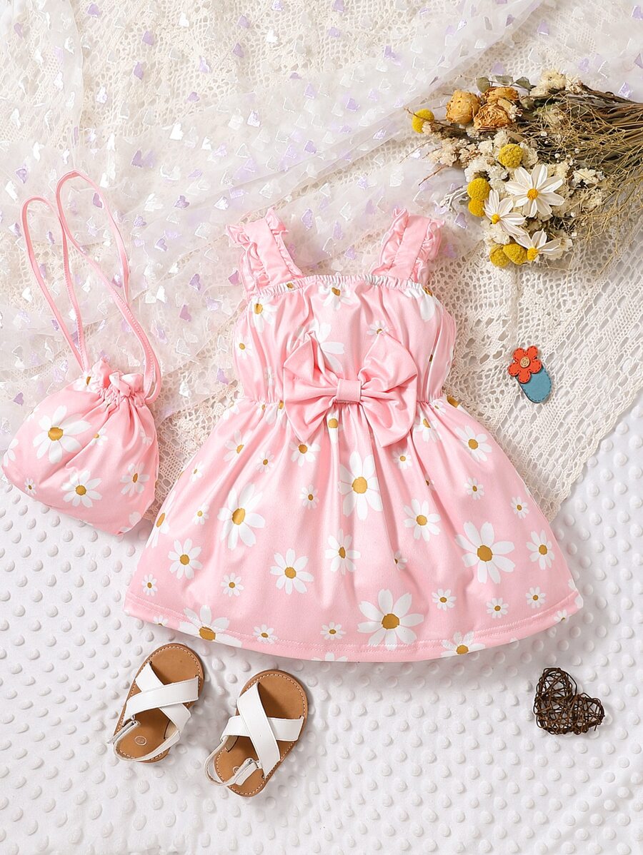 Baby Floral Print Ruffle Trim Bow Front Cami Dress & Bag - Baby Pink - View 1