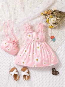 Baby Floral Print Ruffle Trim Bow Front Cami Dress & Bag - Baby Pink - View 2