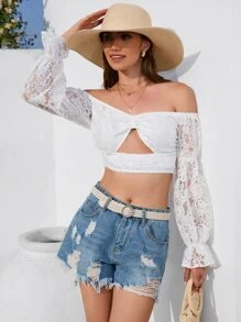 GENKIRA 一字肩荷葉袖短款蕾絲襯衫 - 白色 - 查看 4