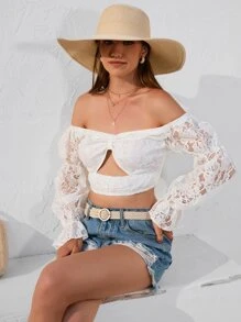 GENKIRA 一字肩荷葉袖短款蕾絲襯衫 - 白色 - 查看 5