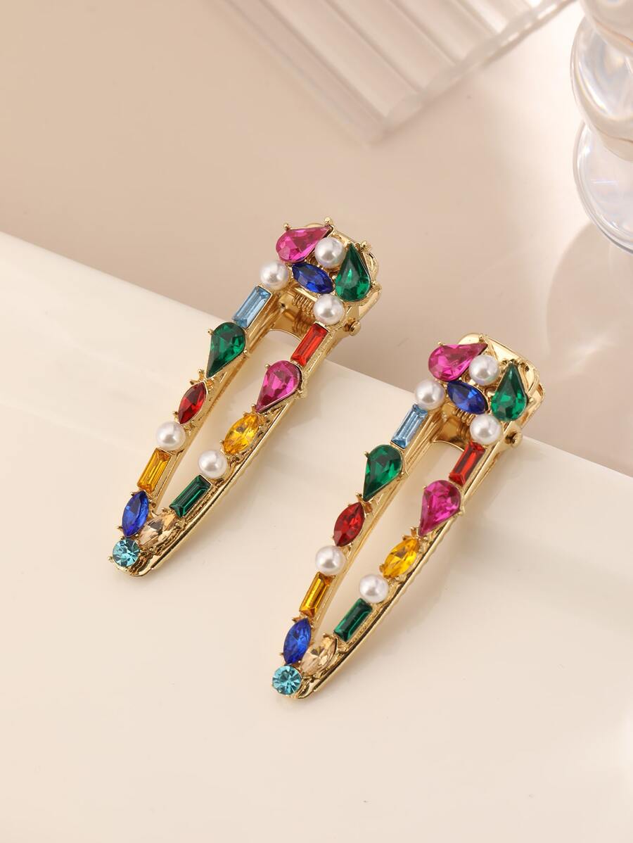 2pcs Elegant Rhinestone Waterdrop & Square Shaped Alligator Hair Clip Hairpins For Girls Claw Clips Hair Claws Hair Barrettes, School Stuff, Looks Of Party, Hair Accessories, Head Accessories - Multicolor - View 1