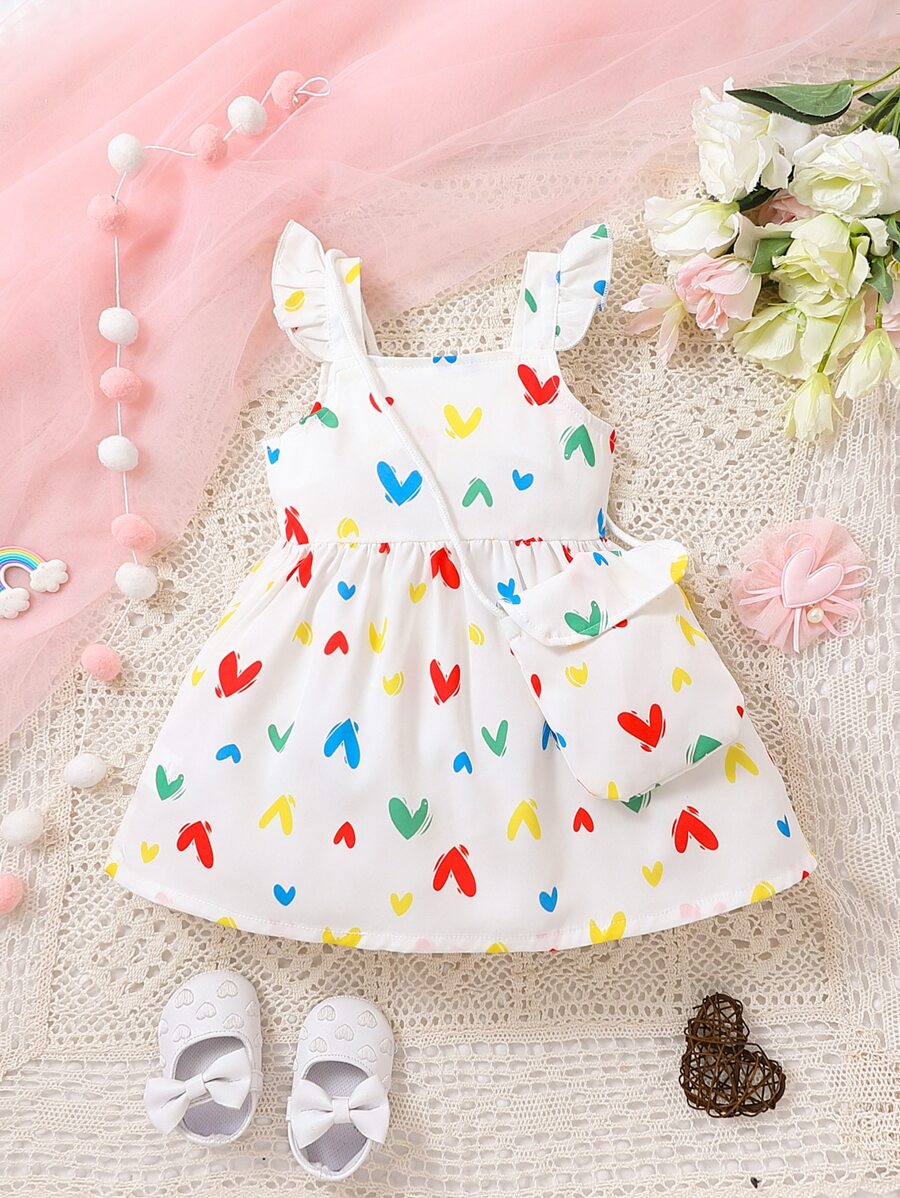 嬰兒愛心圖案荷葉邊連衣裙附包 - 白色 - 查看 1