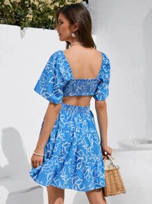 SHEIN VCAY Đầm Cắt ra Viên lá sen Dải chun Tất cả trên in Boho - Màu xanh lam - Xem 2