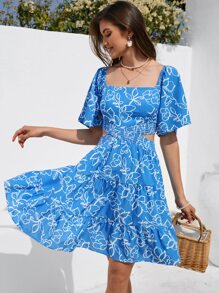 SHEIN VCAY Đầm Cắt ra Viên lá sen Dải chun Tất cả trên in Boho - Màu xanh lam - Xem 4