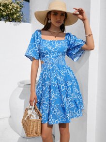 SHEIN VCAY Đầm Cắt ra Viên lá sen Dải chun Tất cả trên in Boho - Màu xanh lam - Xem 5