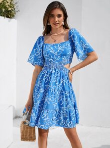SHEIN VCAY Đầm Cắt ra Viên lá sen Dải chun Tất cả trên in Boho - Màu xanh lam - Xem 6