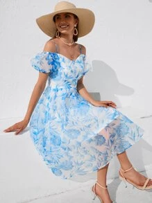 SHEIN VCAY Allover Floral Print Lace Up Back Cold Shoulder Dress - Blue - View 6