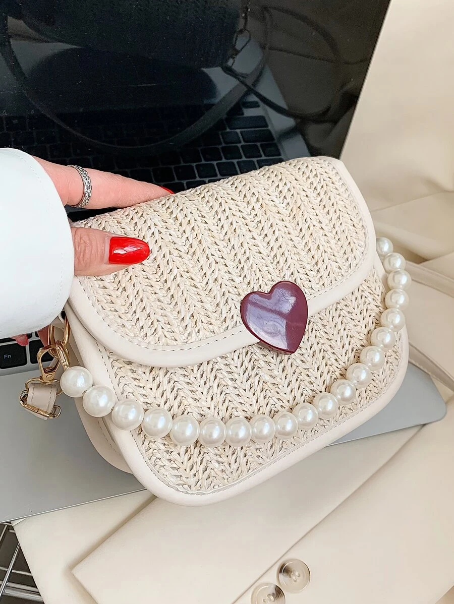 Mini Heart & Faux Pearl Decor Flap Straw Bag - Beige - View 1