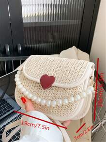 Mini Heart & Faux Pearl Decor Flap Straw Bag - Beige - View 7