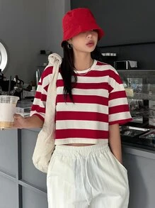 DAZY Camiseta Corta De Rayas Con Hombros Caídos - Rojo - Ver 1