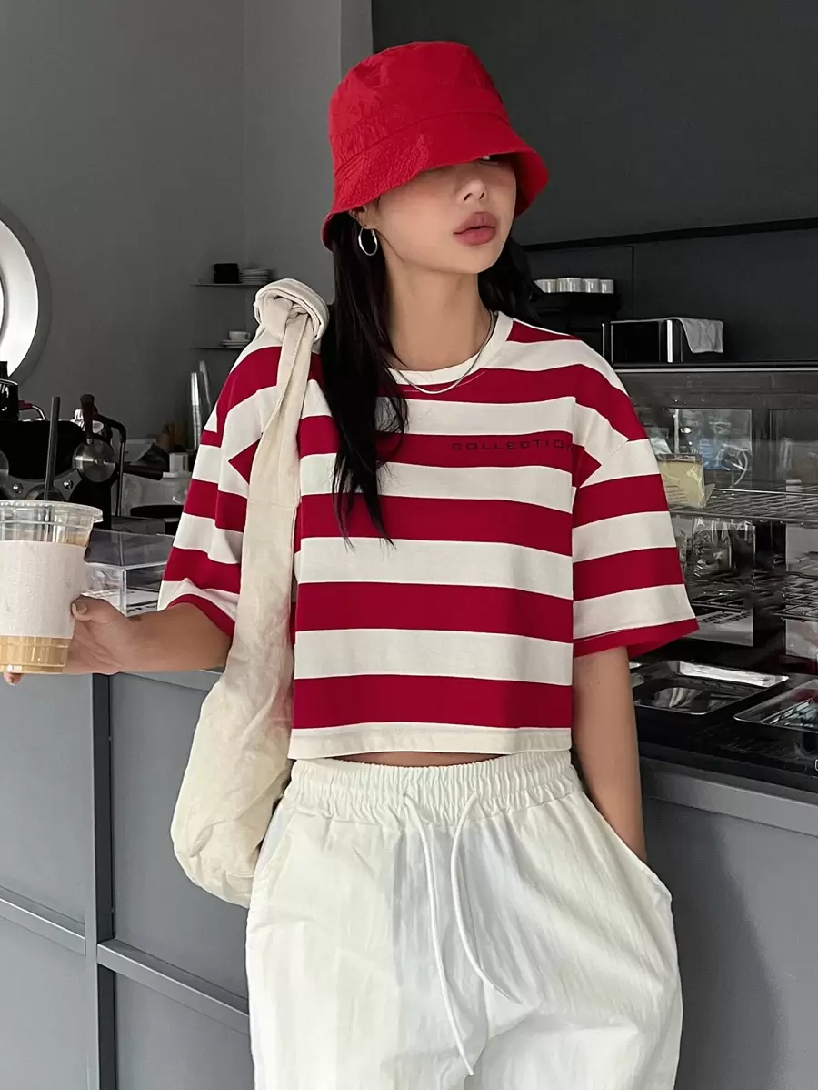 DAZY Camiseta Corta De Rayas Con Hombros Caídos - Rojo - Ver 1