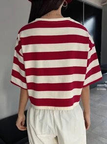 DAZY Camiseta Corta De Rayas Con Hombros Caídos - Rojo - Ver 2