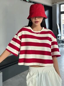 DAZY Camiseta Corta De Rayas Con Hombros Caídos - Rojo - Ver 5