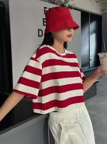 DAZY Camiseta Corta De Rayas Con Hombros Caídos - Rojo - Ver 6