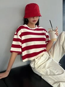 DAZY Camiseta Corta De Rayas Con Hombros Caídos - Rojo - Ver 8