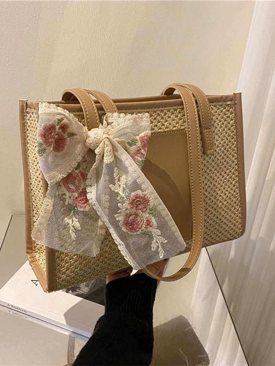 Floral Embroidered Bow Decor Straw Bag - Khaki - View 1