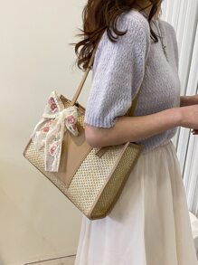 Floral Embroidered Bow Decor Straw Bag - Khaki - View 2