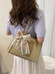 Floral Embroidered Bow Decor Straw Bag - Khaki - View 5