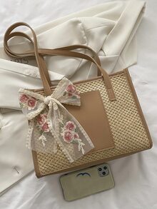 Floral Embroidered Bow Decor Straw Bag - Khaki - View 6