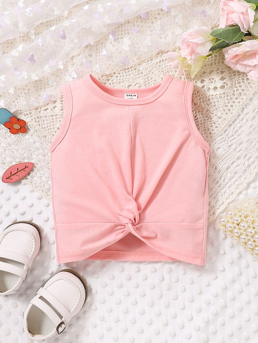 Baby Twist Hem Solid Tank Top - Baby Pink - View 1