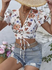 SHEIN WYWH 印花蛋糕袖前抽繩短款襯衫 - 白色 - 查看 3