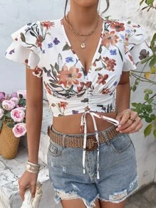 SHEIN WYWH 印花蛋糕袖前抽繩短款襯衫 - 白色 - 查看 5