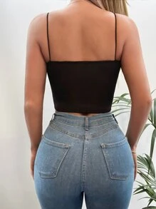 EURMUSE 素色露背吊帶短上衣 - 黑色 - 查看 2