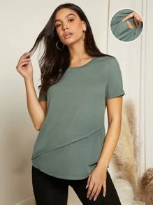 SHEIN Maternity Solid Nursing Detail Tee - Army Green - View 1