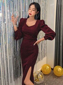 DAZY Cổ Trái tim Tay áo lồng đèn Tách đùi Váy sequin - Màu Đỏ Sâu - Xem 4