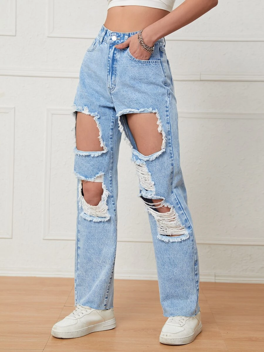 Cut Out Ripped Frayed Straight Leg Jeans - Light Wash - View 1