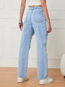 Cut Out Ripped Frayed Straight Leg Jeans - Light Wash - View 2